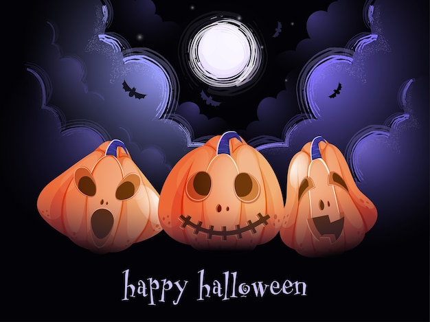 Illustration De Jack-o-lanterns Avec Des Chauves-souris Volant Et Des Nuages à Effet De Bruit De Brosse