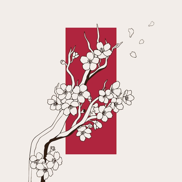 Illustration Japonaise Dessinée à La Main De Fleurs De Cerisier