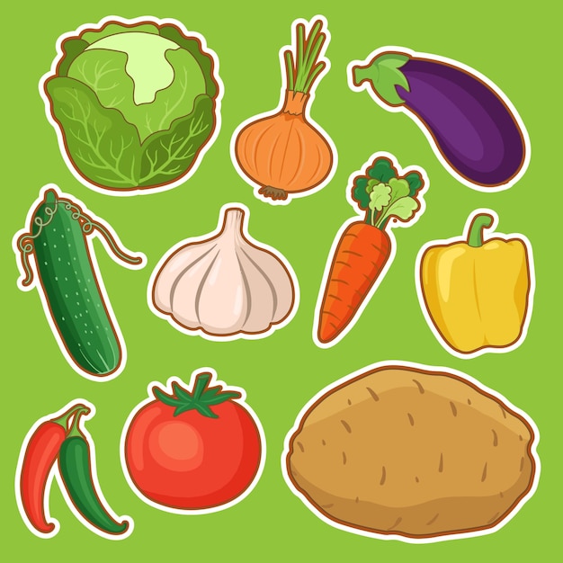 Vecteur illustration de jeu d'autocollants mignons de légumes frais