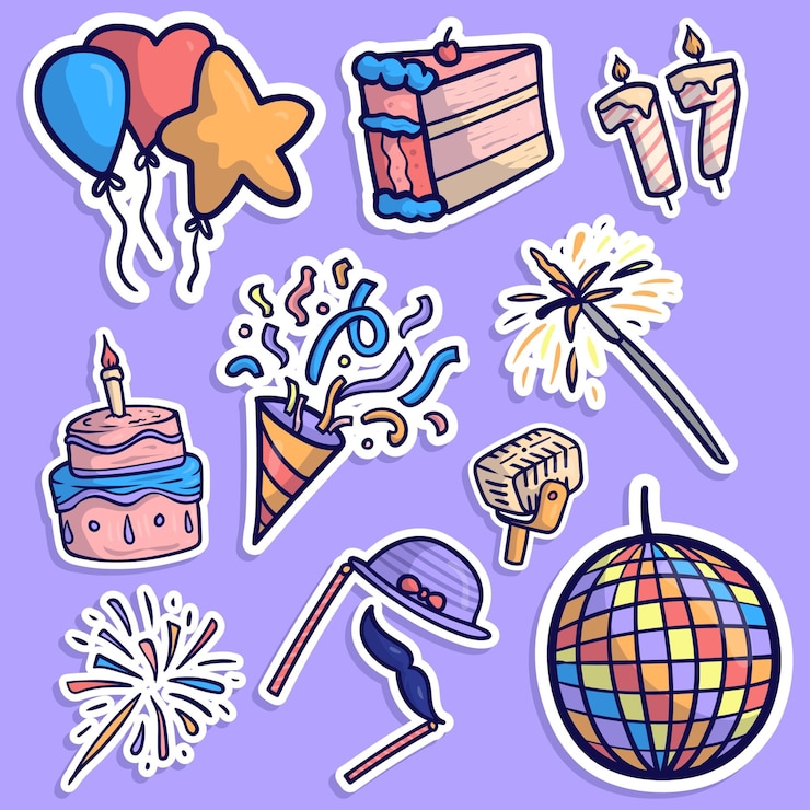 Vecteur illustration de jeu d'autocollants mignons d'objet de fête d'anniversaire