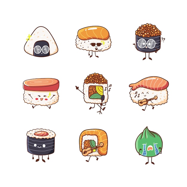 Vecteur illustration de jeu d'autocollants de personnage de sushi mignon et kawaii