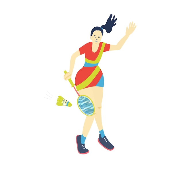 Illustration de jeu de badminton en simple avec une femme balançant sa raquette pour battre un volant