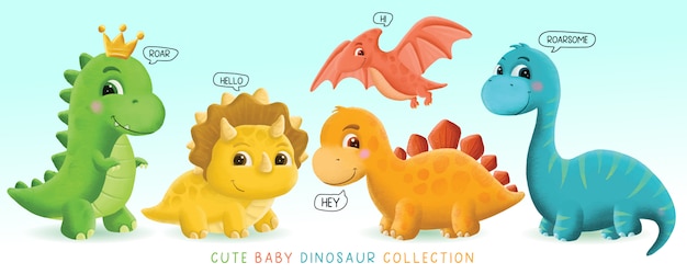 Illustration de jeu de dinosaure bébé mignon dessiné à la main