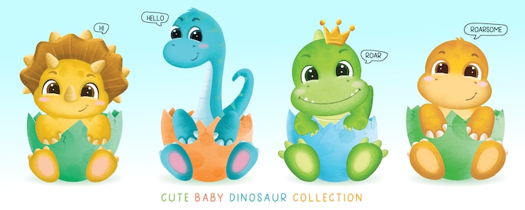 Vecteur illustration de jeu de dinosaure bébé mignon dessiné à la main