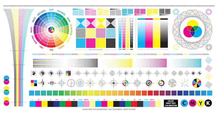 Vecteur illustration de jeu du tableau d'étalonnage des essais d'impression cmyk pour l'impression ctp avec test de micro-impression