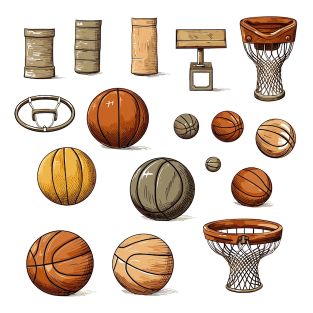 Vecteur illustration de jeu d'éléments de basket-ball vintage