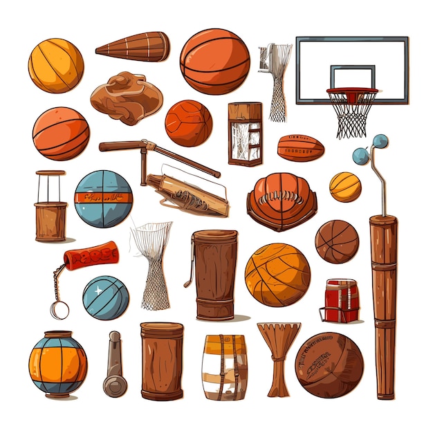 Vecteur illustration de jeu d'éléments de basket-ball vintage