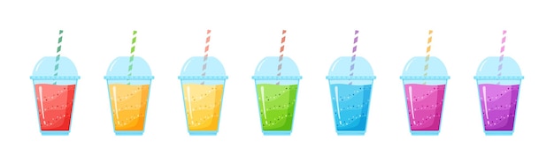 Illustration De Jeu D'été Cocktail Smoothie Vitamine. Cocktail D'énergie Secoué De Jus De Fruits Frais En Verre, Collection De Couleurs Arc-en-ciel Pour Boisson Vitaminée à Emporter Ou Régime De Désintoxication