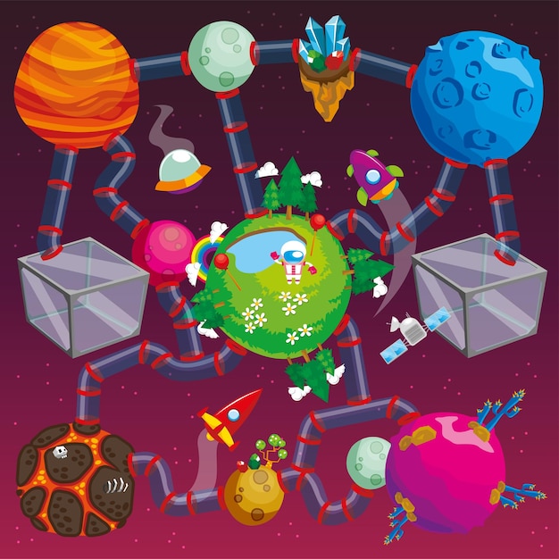 Vecteur illustration de jeu de labyrinthe spatial galaxy pour tapis de jeu et tapis roulant pour enfants