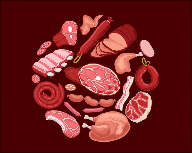 Vecteur illustration de jeu de viande. viande fraîche et saucisse bouillie, salami et poulet, bacon