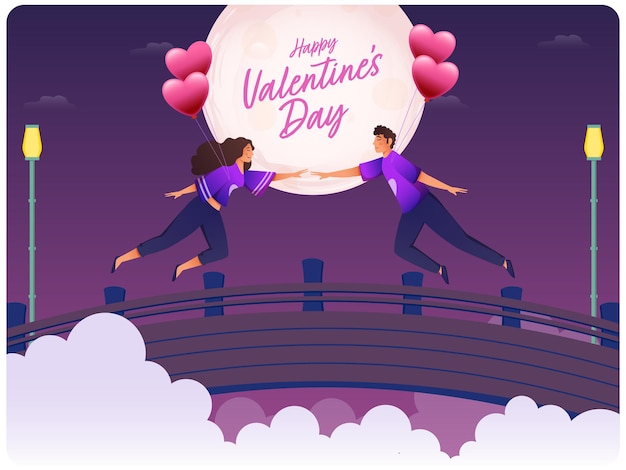Illustration d'un jeune couple romantique volant avec des ballons de cœur sur le pont de la pleine lune Arrière-plan pour le concept du bonjour de la Saint-Valentin peut être utilisé comme carte de vœux ou dessin d'affiche