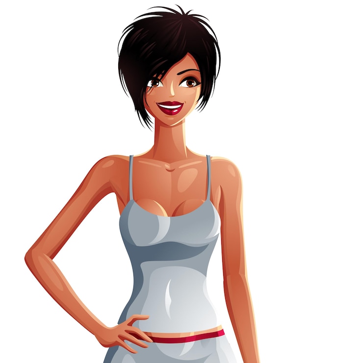 Vecteur illustration d'une jeune femme assez active portant un vêtement de sport. dessin coloré d'une dame coquette, fille bronzée. idée de sport et de remise en forme.