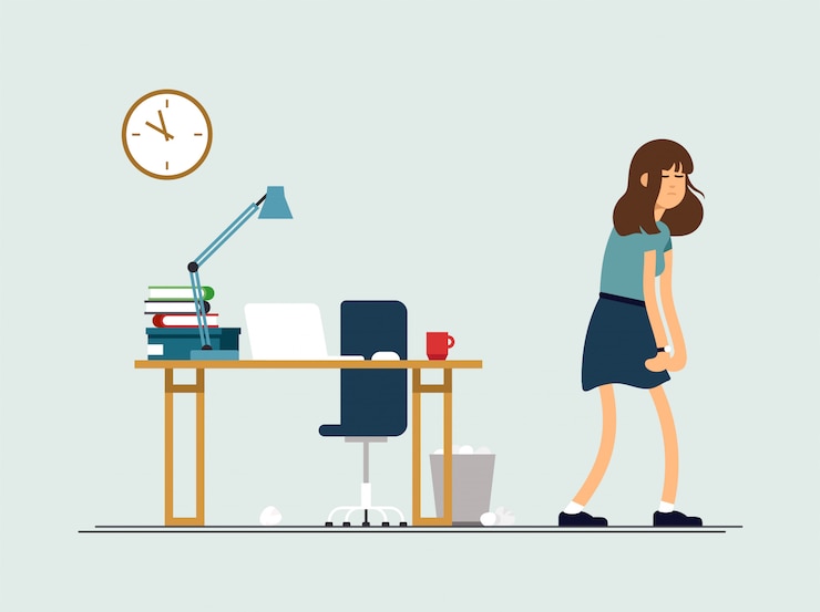 Vecteur illustration jeune femme fatiguée, humeur somnolente, santé faible, épuisé mental. le personnage féminin de concept illustration est très fatigué après la journée de travail.