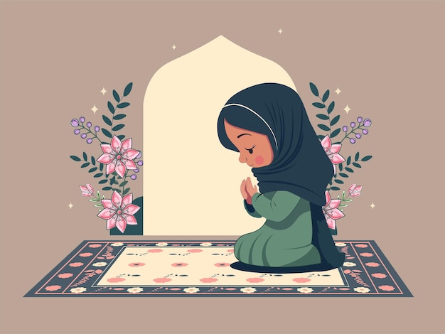 Illustration D'une Jeune Fille Musulmane Offrant La Prière Namaz Sur Un Tapis Devant L'arc Islamique Floral Festival Islamique De L'aïd Ou Du Concept Ramand