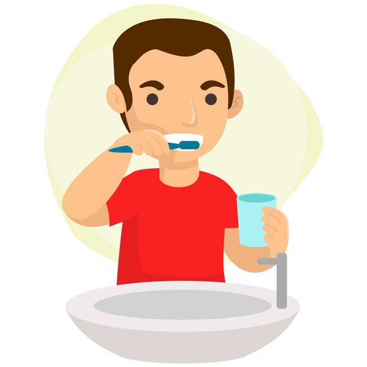 Vecteur illustration d & # 39; un jeune homme se brosser les dents dans la salle de bain le matin