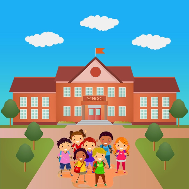 Vecteur illustration de jeunes enfants heureux rentrant à l'école