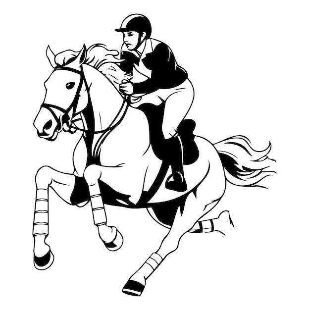Vecteur illustration d'un jockey sur un saut à cheval situé à l'intérieur d'une forme ovale faite dans un style rétro