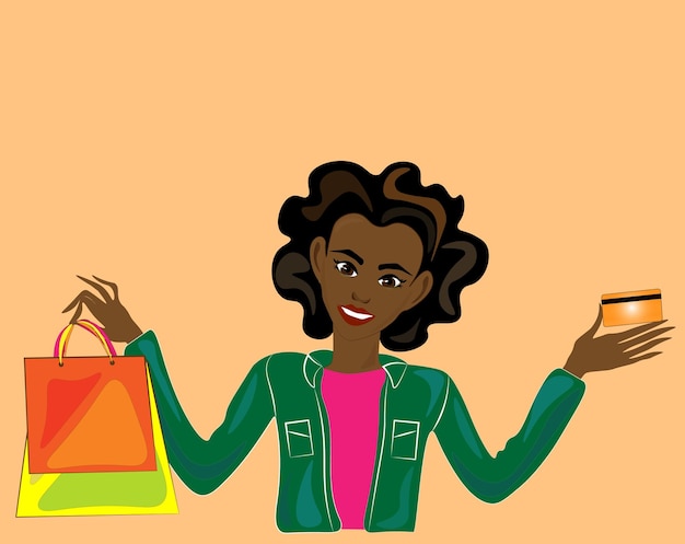 Vecteur illustration d'une jolie femme afro-américaine avec des sacs à provisions et une carte de crédit concept de magasinage