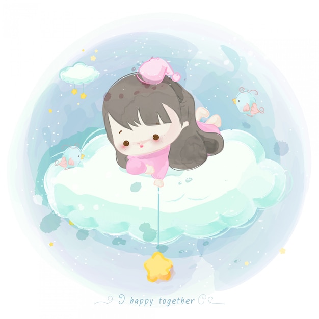 Illustration De Jolie Fille Sur Un Nuage