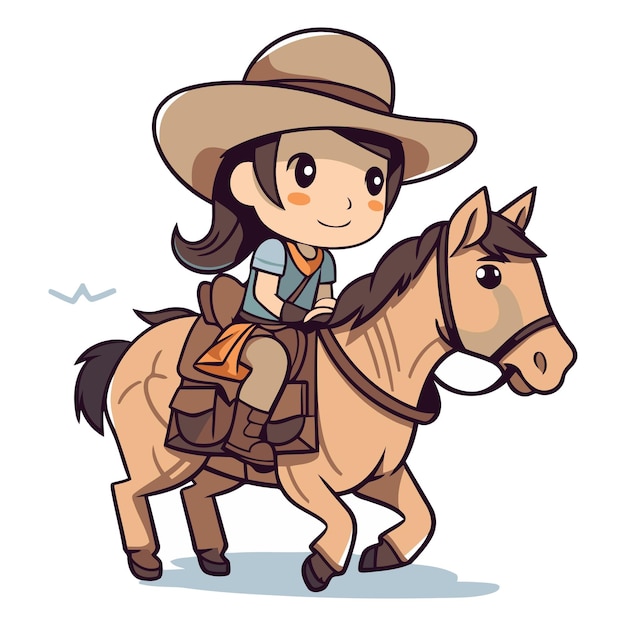 Vecteur illustration d'une jolie fille portant un chapeau de cow-boy et montant un cheval