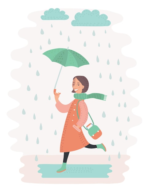 Illustration De Jolie Jeune Femme Marchant Sous La Pluie Avec Parapluie