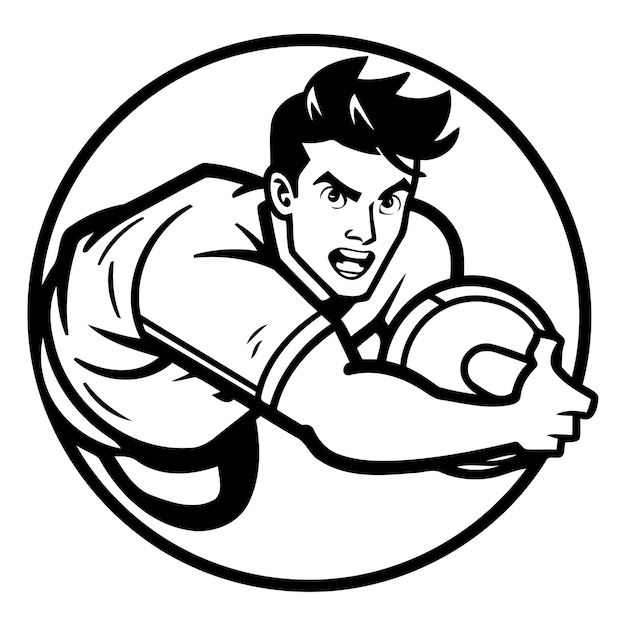 Vecteur illustration d'un joueur de rugby tenant la balle face à l'avant située à l'intérieur du cercle sur un fond isolé fait dans un style rétro