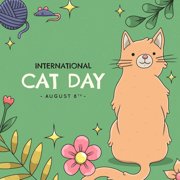 Illustration de la journée internationale du chat dessinée à la main avec chat et fleurs