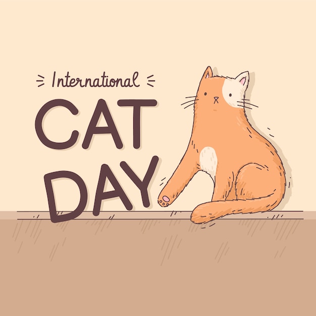 Vecteur illustration de la journée internationale du chat dessinée à la main avec chat