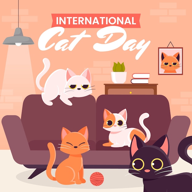 Vecteur illustration de la journée internationale du chat dessinée à la main