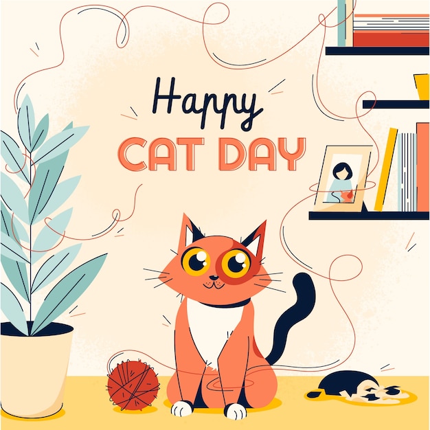 Vecteur illustration de la journée internationale du chat plat avec chat et fil