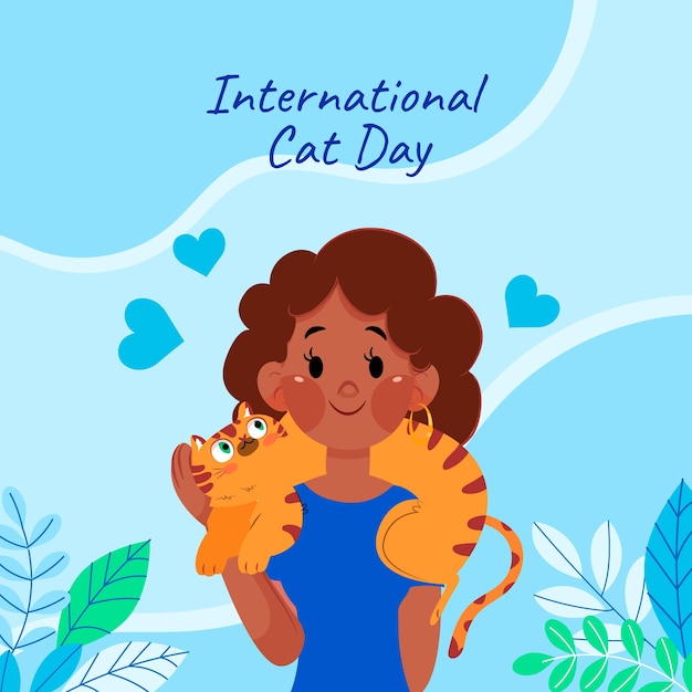 Illustration De La Journée Internationale Du Chat Plat Avec Femme Et Chat