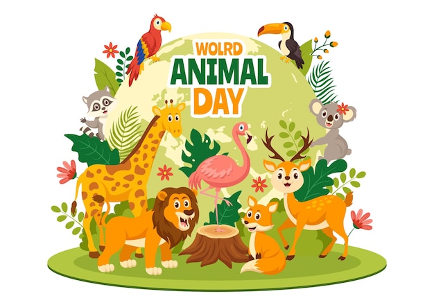 Illustration de la Journée mondiale des animaux avec divers animaux ou animaux sauvages pour la protection de l'habitat et la forêt
