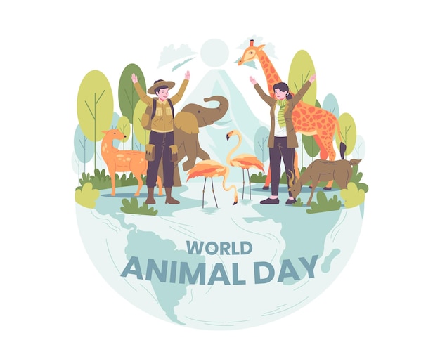 Vecteur illustration de la journée mondiale des animaux avec des travailleurs du sanctuaire de la faune célébrant la journée mondiale des animaux