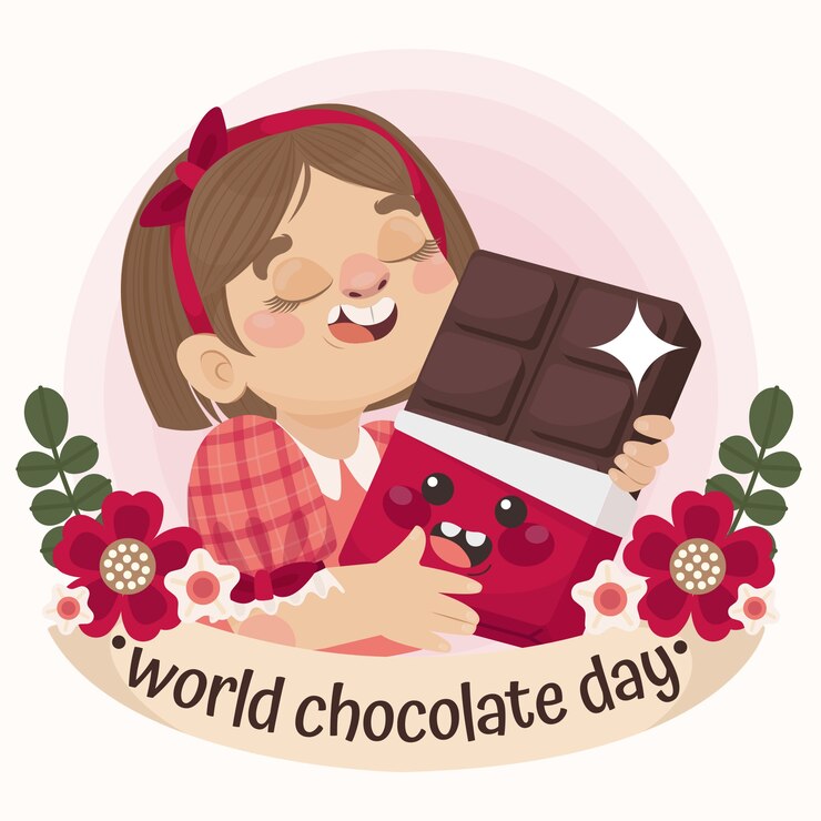 Vecteur illustration de la journée mondiale du chocolat dessinée à la main avec une fille tenant une barre de chocolat