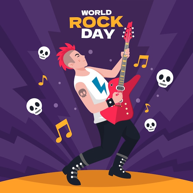 Illustration de la journée mondiale du rock plat avec un homme jouant de la guitare