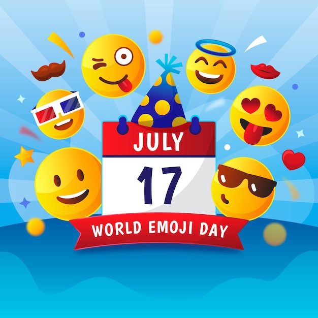 Vecteur illustration de la journée mondiale des emoji dégradé avec émoticônes et calendrier