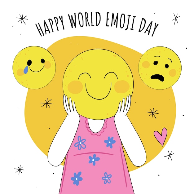 Vecteur illustration de la journée mondiale emoji dessinée à la main avec une personne avec une tête d'émoticône