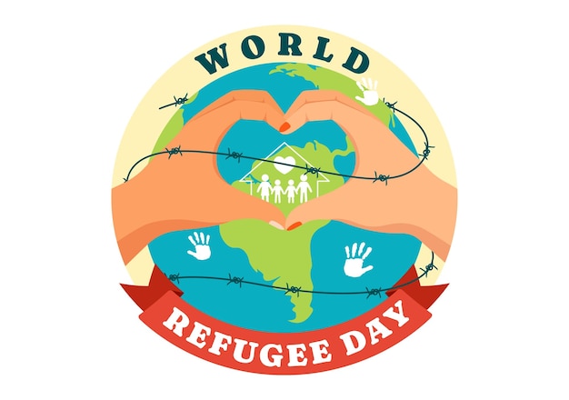 Vecteur illustration de la journée mondiale des réfugiés d'une famille d'immigrants à la recherche d'un foyer avec un fil de fer et une main