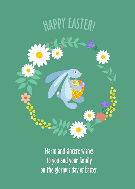 Illustration de joyeuses Pâques. Un lapin avec un panier d'œufs colorés.