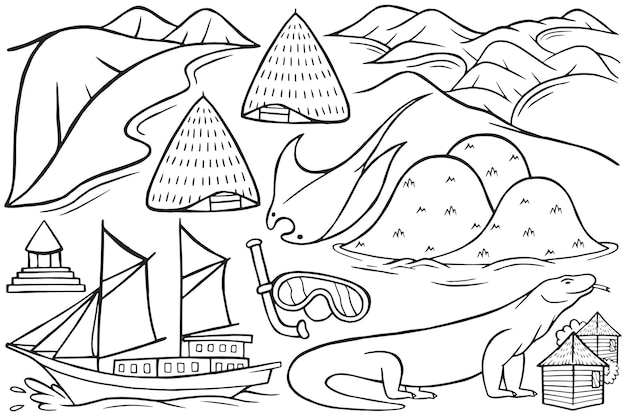 Illustration De Labuan Bajo Doodle En Style Cartoon