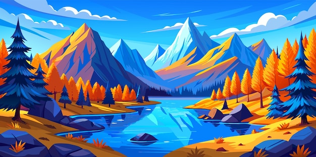 Vecteur illustration d'un lac bleu dans une vallée de montagne d'automne