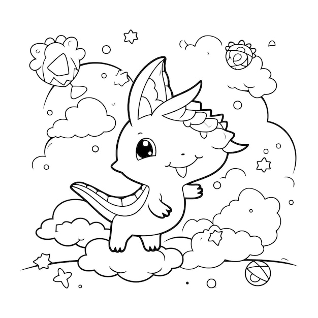 Vecteur illustration d'un lapin mignon de bande dessinée sur les nuages livre de coloriage pour les enfants