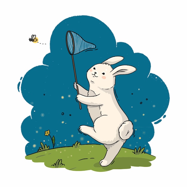 Vecteur illustration d'un lapin mignon avec un filet à papillons attrape une luciole