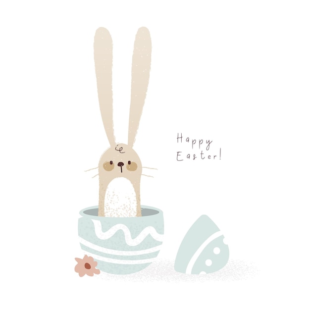 Vecteur illustration de lapin mignon joyeux pâques carte drôle dessinée à la main avec lapin en style cartoon
