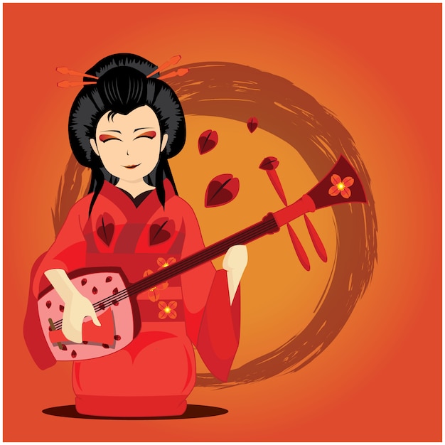 Vecteur illustration de la lave luxuriante geisha jouant de la mandoline sur fond rouge