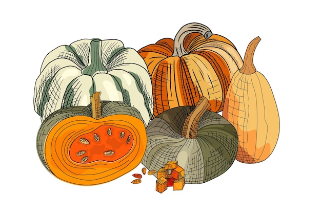 Illustration De Légumes D'automne De Croquis De Citrouille. Nourriture Biologique Pour Le Jour De Thanksgiving.