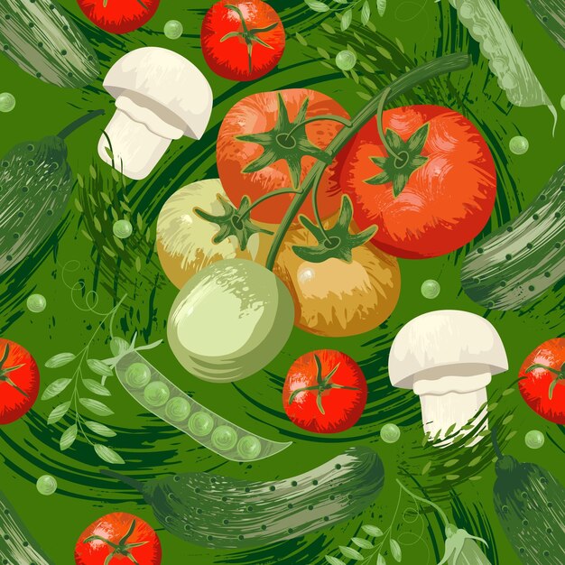 Illustration De Légumes Frais Avec Texture Brosse Modèle Sans Couture De Vecteur Avec Tomates Concombre Pois Verts Champignons Fond Coloré