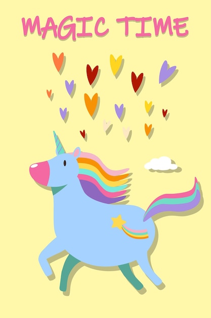 Illustration De Lettrage Drôle Avec Fond Jaune Affiche De Typographie Mignonne Fée Magique De Temps Magique Avec Icône De Licorne Arc-en-ciel Eps