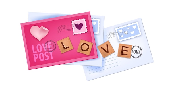 Illustration De Lettres D'amour Saint Valentin Avec Enveloppes Fermées, Timbres, Lettres En Bois Isolés Sur Blanc. Papier Vacances Romantique Rose Vue De Dessus Messages, Mails. Conception D'enveloppes Saint Valentin