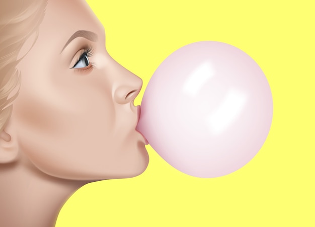 Illustration De Lèvres Féminines Tenant Une Bulle Rose Brillante De Chewing-gum Sur Fond Jaune